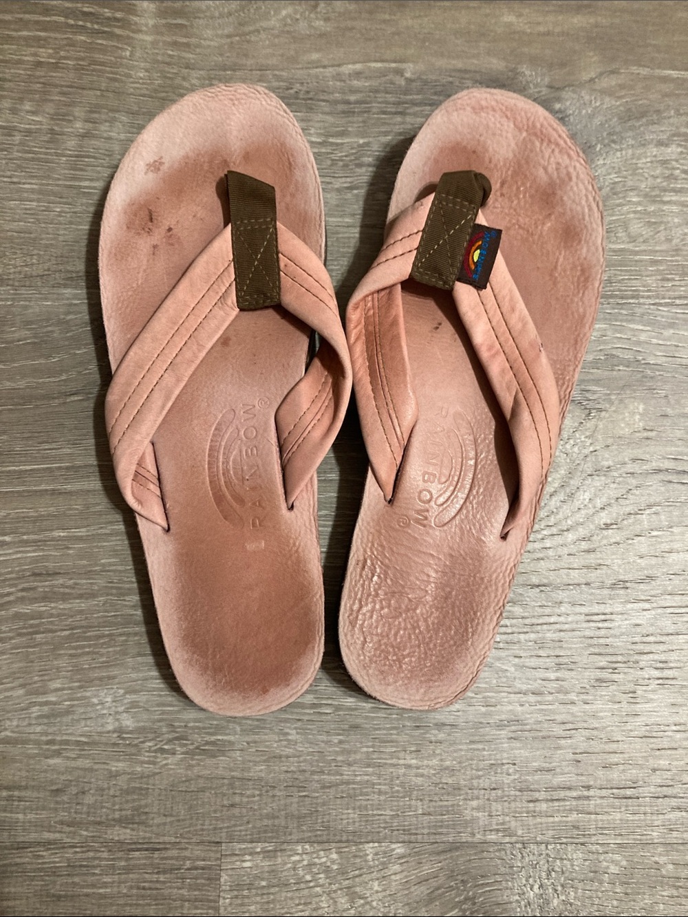Rainbow Pink Suede Flip Flop Sandals with Brown Strap Accents